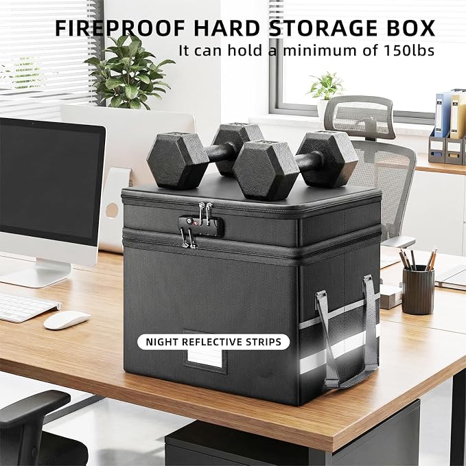 novelinks File Box with Lock, Fireproof Document Box for Home Office,Collapsible Storage Box with Mesh Pockets & Zipper & Handle, Cabinet for Hanging Letter/Legal Folder,Black (Double-layer)