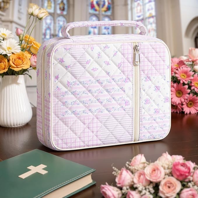 WOBAGMEN Bible Cover Case for Women,Large Bible Tote Bags Organizer Quilted Carrying Case for Girls,Bible Study Supplies Accessories Christian Gifts for Women (Purple Floral Patchwork, M)