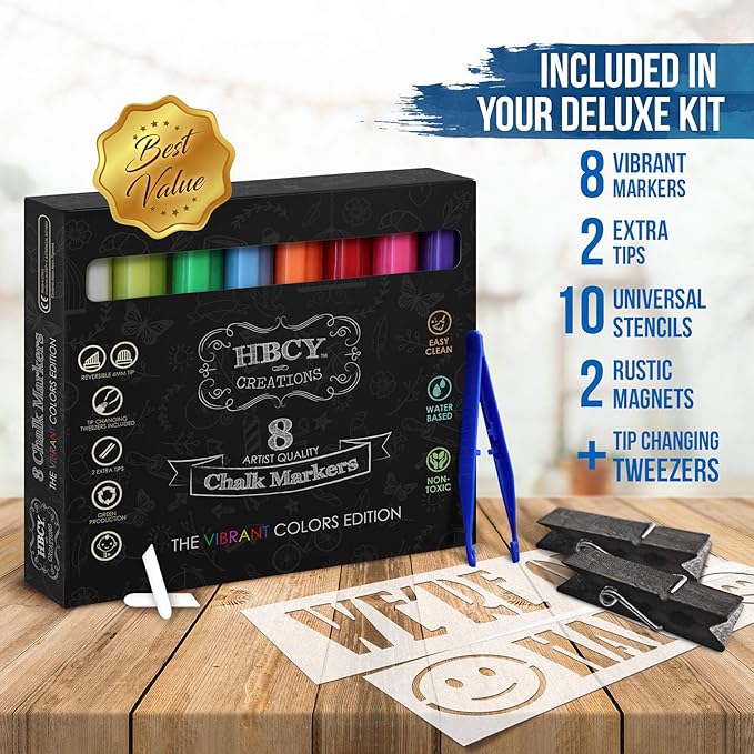 A Frame Chalkboard with Chalk Markers by HBCY Creations: 40x20 Solid Wood A-Frame Sign White Double-Sided Magentic Menu Board, Deluxe Set Includes 8 Chalk Markers, 10 Stencils, 2 Magnets