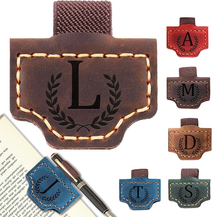 Personalized Leather Magnetic Bookmark with Pen Holder, Bookmark 26 Letters Name Initial Bookmarks for Readers, Book Lover Gifts for Women Men Notebook Accessories (Coffee, L)