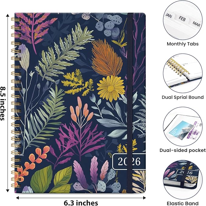 2026 Planner, Weekly and Monthly Planner for Women, January 2026 - December 2026, Hardcover 2026 Calendar Planner Book with Tabs, Inner Pocket, Spiral Bound, Perfect for Office Home School Supplies - A5 (6.3" x 8.5"), Flourish Foliage