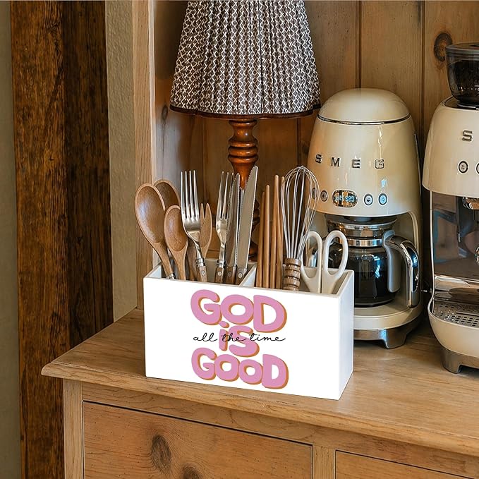 Christian Pen Pencil Holder for Desk Christian Gifts for Women Girls, God is Good All the Time Bible Verse Pencil Holders Wooden Box Organizer for Home Office Bedroom Desk Tabletop