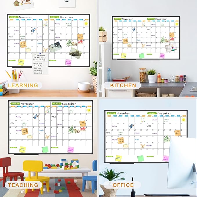 JILoffice Magnetic Dry Erase Calendar Whiteboard, 2 Month White Board Planner 48 X 31 Inch, Black Aluminum Frame Wall Mounted Board for Office Home and School