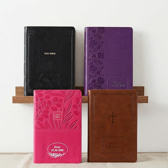 Personalized NKJV Reference Bible, Custom Name Text & Design, New King James Version, Large Print, Red Letter, Cross References, Faux Leather Purple, Baptism Confirmation Gift