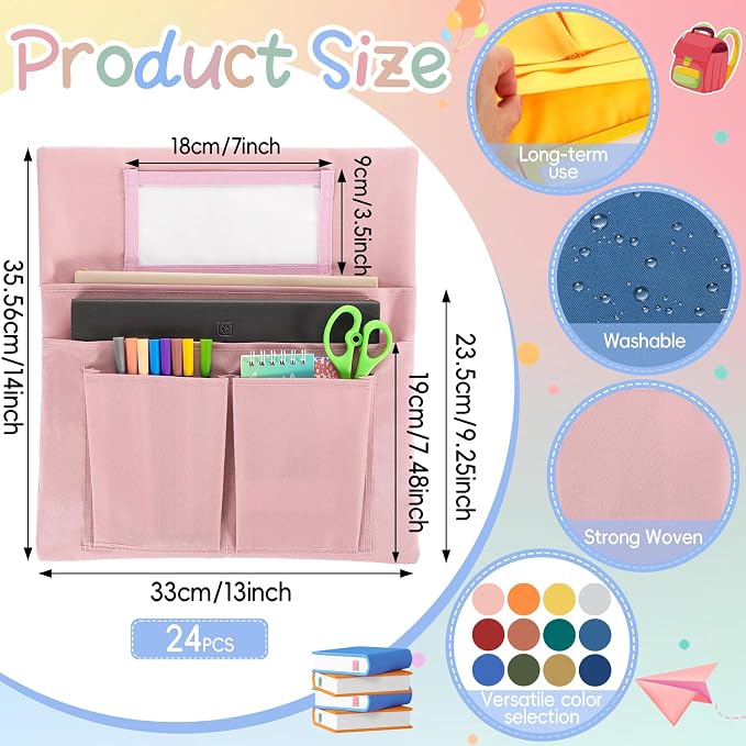 gisgfim 24 Pcs Small Chair Pockets for Classroom 13 x 14 Inch Bag with Name Tag Multi Pockets Chairsback Pouch Organizer for Student Kindergarten Elementary Daycare (Dark Earth)