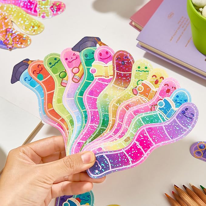 30Pcs Bookworm Bookmarks, Gliter Paper Cute Bookmark, Double Printing, Bookish Gifts for Book Lovers, Students, Readers - Cool Stationery for School & Library