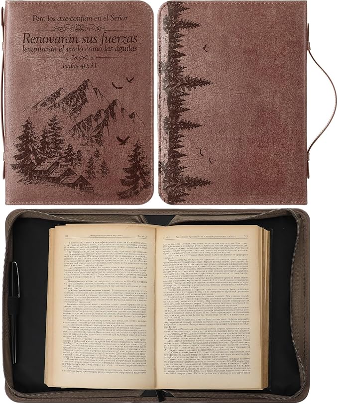 Fullhawl Spanish Bible Cover for Men Women PU Leather Bible Case 11x7.5x2.3 Inches Large Waterproof Christian Biblia Cover Print Decor for Wedding Church Religious Gift(Landscape)