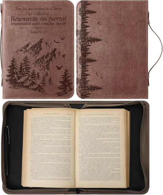 Fullhawl Spanish Bible Cover for Men Women PU Leather Bible Case 11x7.5x2.3 Inches Large Waterproof Christian Biblia Cover Print Decor for Wedding Church Religious Gift(Landscape)