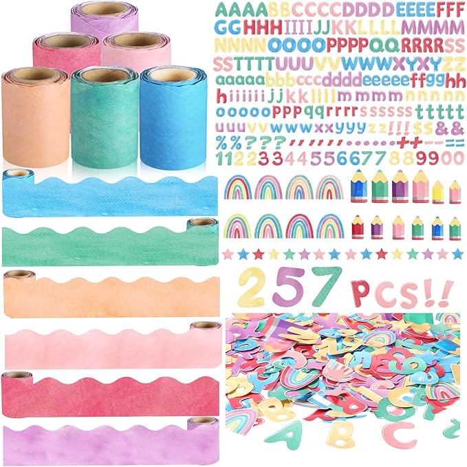 Kosiz Colorful Watercolor Bulletin Board Decoration Set 118 ft Scalloped Bulletin Board Borders Classroom Poster Border Trim with 257 Pcs Letter Number Symbol Cutout for School Decor