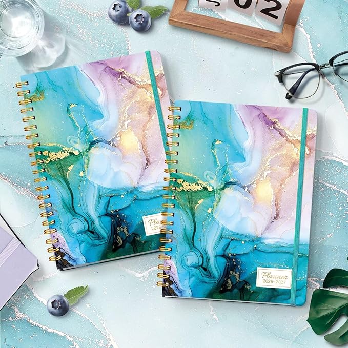 Lonely Oak Academic Planner 2026-2027, Daily Weekly and Monthly Agenda Planner 6.18" x 8.5" with Tabs, 15 Months Spiral School Year A5 Calendar from Apr.2026 to Jun.2027 for Student and Teacher (Cyan Marble)