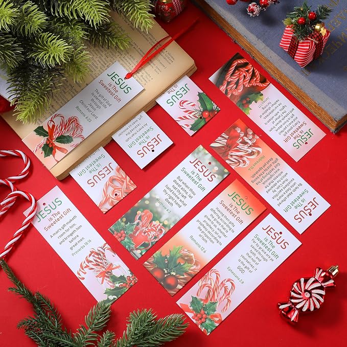 Cholemy 200 Pcs Jesus is The Sweetest Gift Bookmarks Christmas Christian Paper Bookmark Bible Candy Cane Religious Inspirational Bookmarks for Sunday School Classroom Reading Rewards