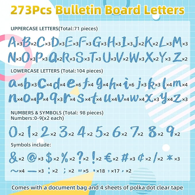 273 Pcs 4 Inch Glitter Bulletin Board Letters Set - Poster Board Letter Cutouts with Alphabet, Symbols, Numbers, Storage Bag - Classroom Decor, DIY Projects, Teacher Supplies, Office (Lake Blue)