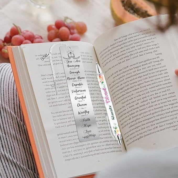 Christian Bookmark and Pen Gift Set, Inspirational Bible Verse Metal Book Mark with Cross Charm Ballpoint Pen, Book Markers for Women Men Students,Faith-Based Back to School Office Stationery