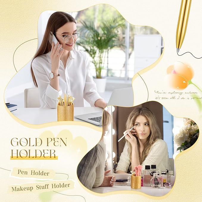 Sabary 8 Pcs Gold Pens with Pen Holder for Desk Glitter Crystal Diamond Cute Ballpoint Fancy Pencil Holder Bling Desk Organizer for Women Girls School Office Supplies Wedding Graduation Gifts