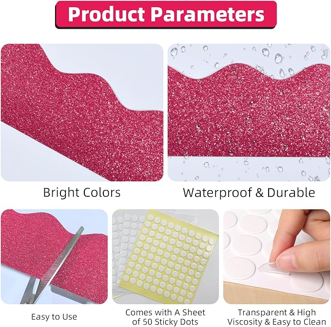 3 Rolls 98.4 Ft Valentines Day Glitter Bulletin Board Borders Set - Magenta Bulletin Board Decorations for Classroom, Office, School & Home DIY - Perfect for Teachers, Posters & Birthday Party Decor