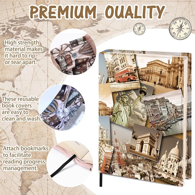 Gilprop 6 Pack Jumbo Stretchable Book Covers, Colorful Covers for Textbook Protection and Care, Washable Reusable Protective for Paperbacks Hardcover Books(Map,Brown,9-11inch)