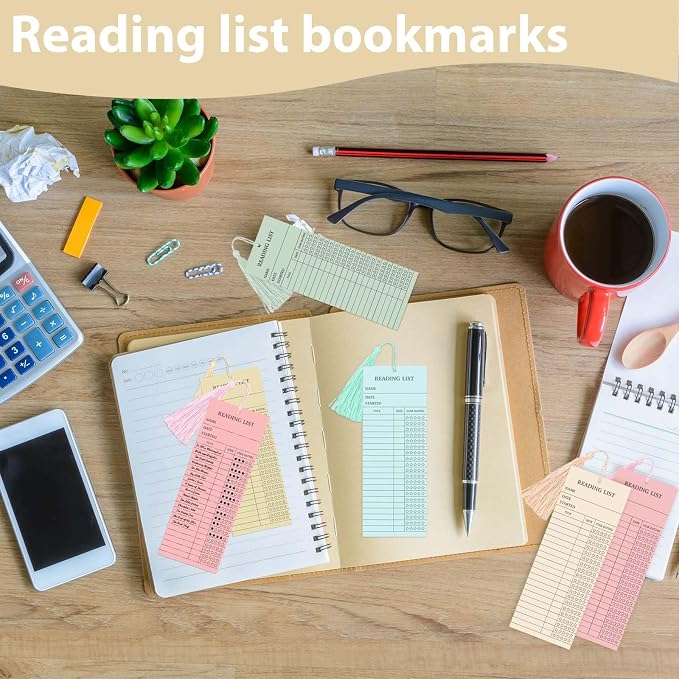50 Pcs 5 Color Reading List Bookmarks with 10 Bookmark Tassels 3x8 Inch Bulk Reading Log Book Tracker Bookmarks for Book Lovers, Students, Teachers (Multicolor)