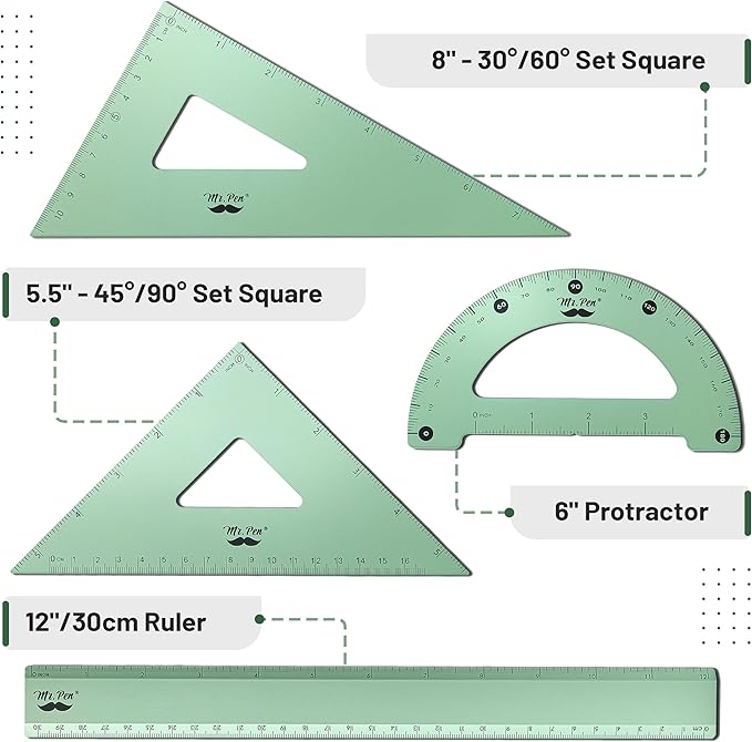 Mr. Pen- Metal Geometry Kit, 4 Pack, 45° & 30°/60° Set Squares, 6" Protractor & 12" Ruler, Durable Metal Drafting Tools for Technical Drawing, Math, Engineering & Architecture