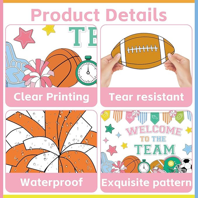 Spring Sports Motivational Bulletin Board Set Football Basketball Soccer Baseball Teamwork Classroom Decor Growth Mindset Cutouts Inspirational Bulletin Board for School Game Wall Decor Party Supplies