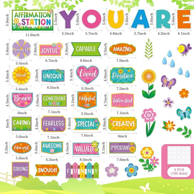 45pcs Spring Affirmation Station Bulletin Board Set Motivational Posters Classroom Mirror Growth Mindset Decor Positive Affirmations Accents Cutouts for School Office Home Teacher Wall Supply