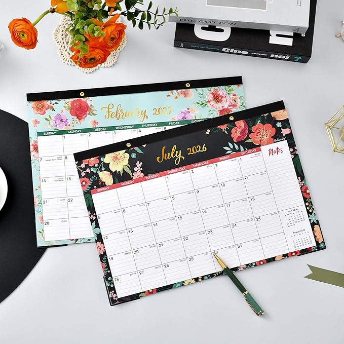 Desk Calendar 2026-2027 - 18 Monthly Desk/Wall Calendar, Jul. 2026 - Dec. 2027, 17" x 12", Thick Paper with Corner Protectors, Large Ruled Blocks - Floral