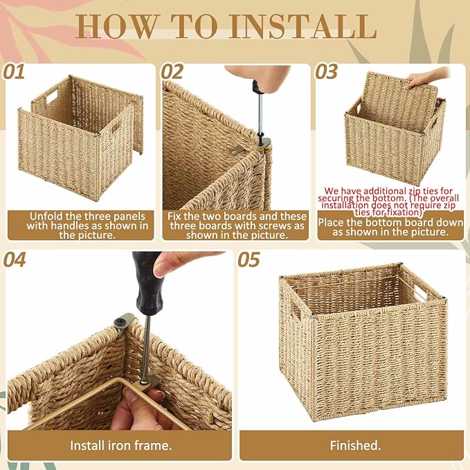 Jingmore Hanging File Box, Paper Rope Collapsible Woven File Organizer for Letter Size Files, Portable Decorative Storage Basket with Handles for Home Office Decor