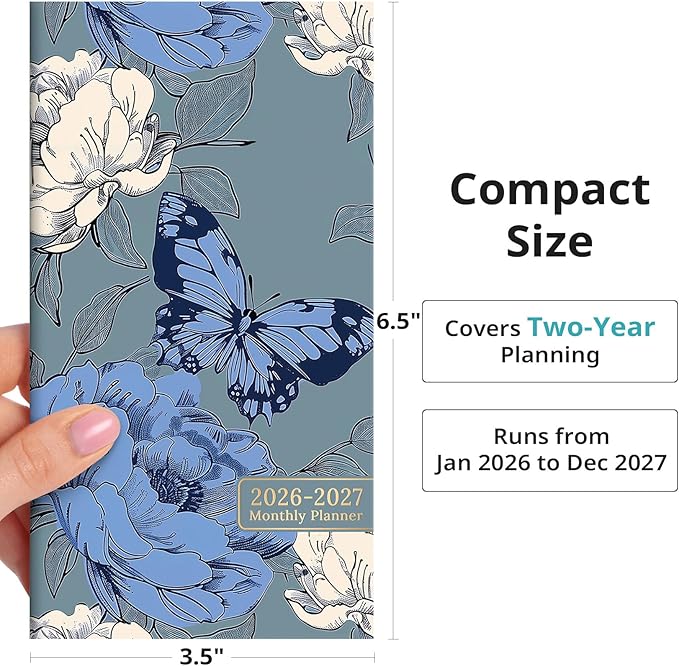 Pocket Calendar 2026-2027 for Purse, Two Year Monthly Planner Pocket Size, Jan 2026 to Dec 2027 Monthly Planner Small Size (6.5" x 3.5") - Flutter Garden