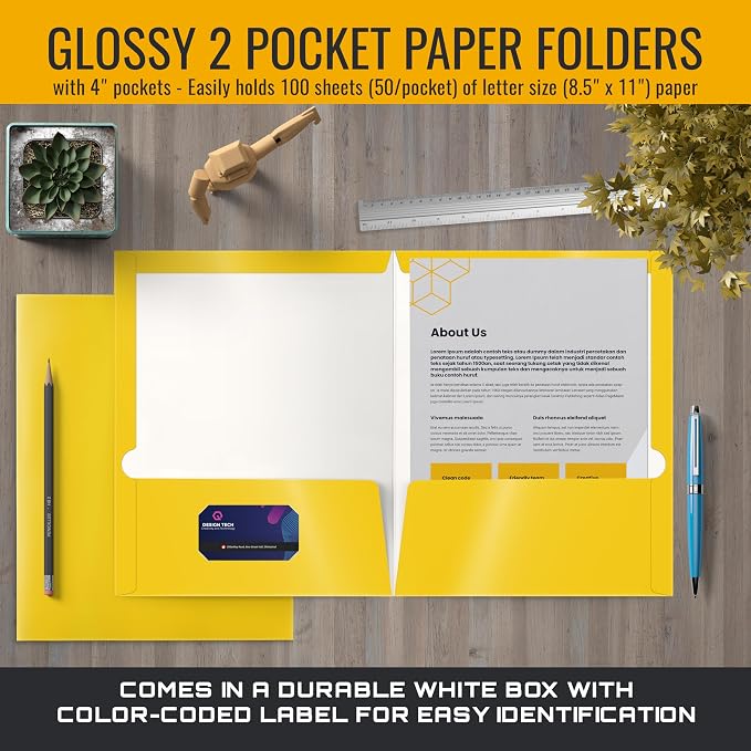 Better Office Products 2 Pocket Glossy Laminated Yellow Paper Folders, Letter Size, 25-Pack, Yellow Paper Portfolios, Box of 25
