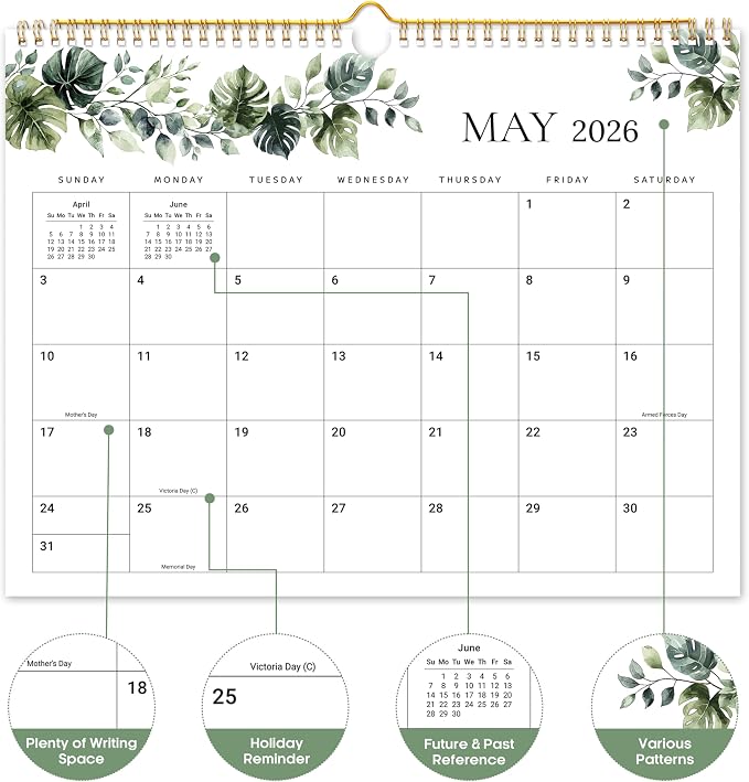 Calendar 2026-2027, Monthly Wall Calendar from April 2026 to December 2027, 11.5" x 14.7", Spiral Binding Hanging Wall Calendar, Perfect for Home or Office,Leaves