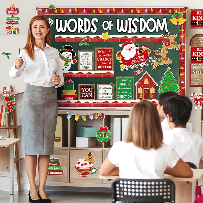 Mooliwe 57 Pcs Christmas Bulletin Board Set Inspirational Bulletin Board Decoration Positive Cutout Classroom Decoration for School Office Home Teacher Classroom Wall Supplies