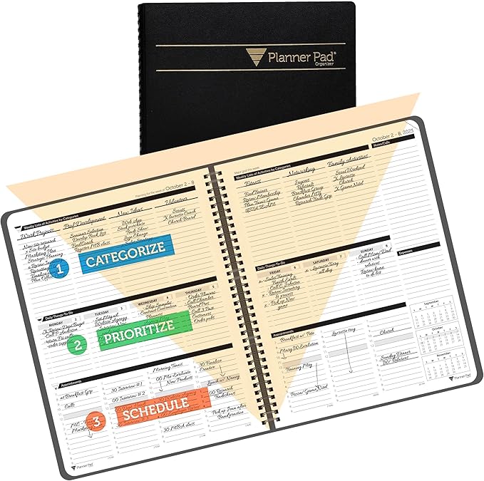 Planner Pad Spiral Bound 3-Tier Funnel Down 12 Month Organizer, Oct 1st Start (Oct 2023 - Sept 2024), Black Cover/Black Ink, 8 1/2" x 11"