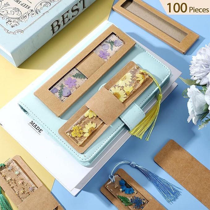 Roowest 50 Set Kraft Bookmark Boxes Sleeves Resin Bookmark Holder 5.9 x 1.8'' Cardboard Gift Boxes DIY Blank Display Cards for Wrapping Gift Supplies(Brown)