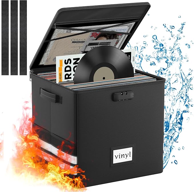 Onvvippiv Vinyl Record Storage Box with Lock, Fireproof Waterproof Resistant Organizer for 100+ 12-Inch Records - Collapsible Storage Box with Handles for Album Collection - Black