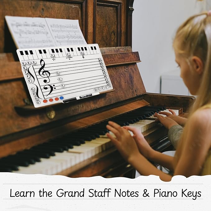 Kits Grand Staff Dry Erase Magnetic Music Theory Board with 35 Note Magnets and Marker (9 x 11.5 Inches) - Piano Teaching Tool, Music Staff Whiteboard, Keyboard Practice Aid