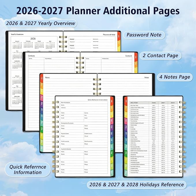 Daily Planner 2026-2027, 18 Month Planner with Tabs, January 2026 - June 2027 Weekly and Monthly Agenda Year Calendar Spiral Time Management, 100GSM Thick Paper, Twin-Wire Binding, A5 Size, Black
