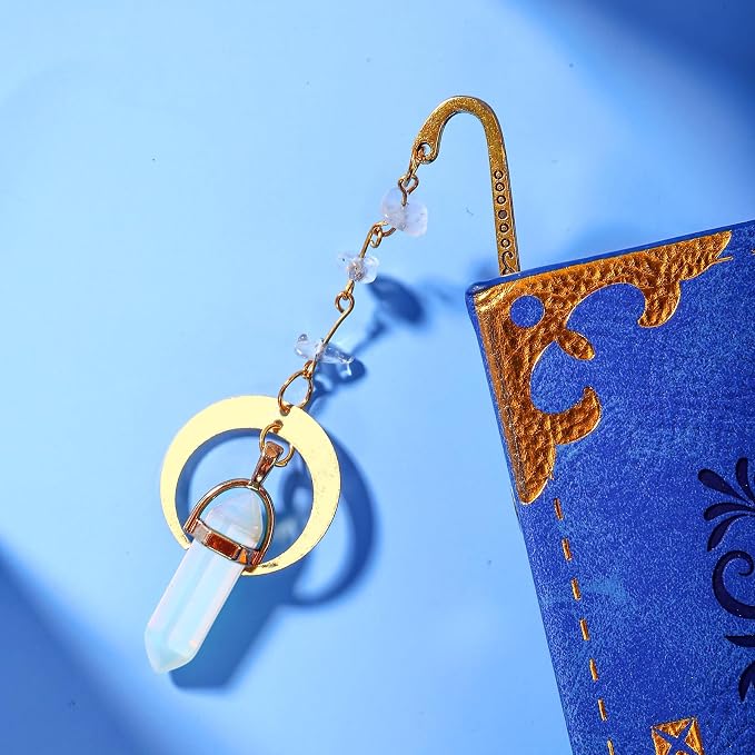 Vintage Metal Bookmark Pendant with Natural Crystal Stones White Clear Quartz Bead Chain–Elegant Bookmarks for Women,Men,Book Lovers,Teachers and Girls(White Tassel)