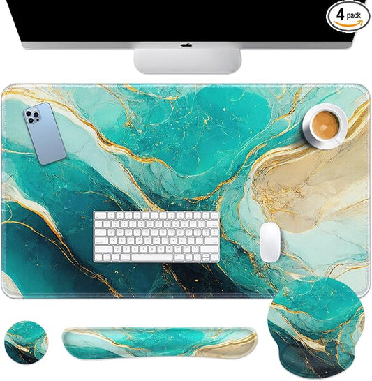 Britimes Green and Gold Marble Keyboard Mouse Pad Set 4in1 Large Mousepad+Keyboard Wrist Rest+Mouse Wrist Rest+Coaster Set with Ergonomic Design for Home Office Computer 35.4x15.7 inches