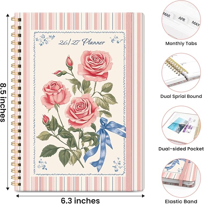 Planner 2026-2027, Monthly and Weekly Calendar Academic Planner July 2026 - June 2027, Hardcover Student Teacher Planning Agenda Book with Tabs, Perfect for Office School Supplies, A5 (6.3" x 8.5") - Rosette Bow