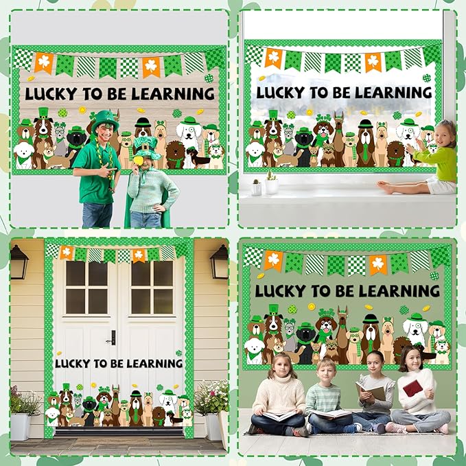 St. Patrick's Day Bulletin Board Set Pet Dog Learning Classroom Decoration Lucky Shamrock Gold Coin Paper Cutouts for St. Patrick's School Chalkboard Wall Decor Party Supplies