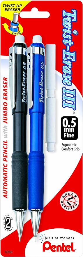 Pentel Twist-Erase III Mechanical Pencils, 0.5 mm, Assorted Barrel Colors, Pack Of 2 Pencils