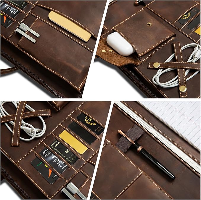 Genuine Leather Portfolio, Padfolio Organizer with Handle, Personalized Padfolio，Padfolio with Zipper for Men Women，Suitable for 15-inch Laptop Legal Pad Padfolio, Dark Khaki