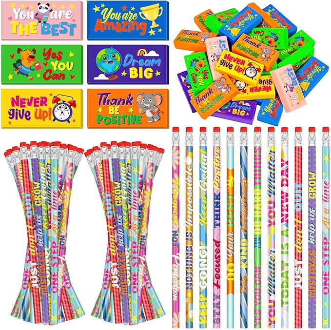Cinrobiye 100 Pcs Inspirational Pencils with Erasers，Motivational Pencil Erasers Bulk Back to School Gifts Supplies Party Favor Goody Bag Fillers for Students Classroom Teacher Prizes Reward