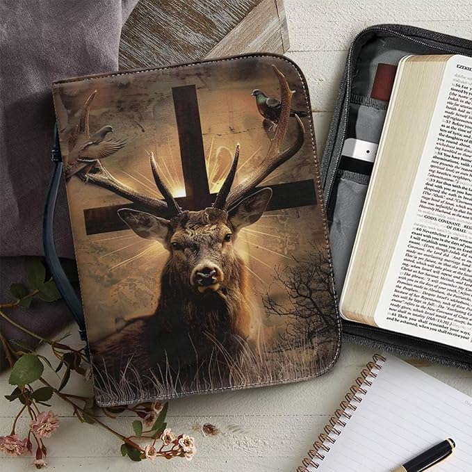Leather Large Bible Cover with Bookmark，Carrying Book Case Church Bag Medium Bible Protective Brown Bible Case,Christian Gifts,Cross and Deer,Small