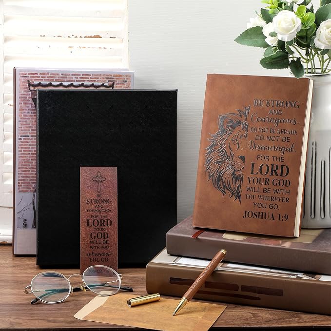 Fuyoooo 4 Pcs Christian Gifts for Men Father's Day Pastor Appreciation Gifts Vintage Leather Hardcover Notebook 1 Timothy 6:11 Religious Bible Verse Pen Joshua 1:9 Bookmark & Box(Lion,Brown)