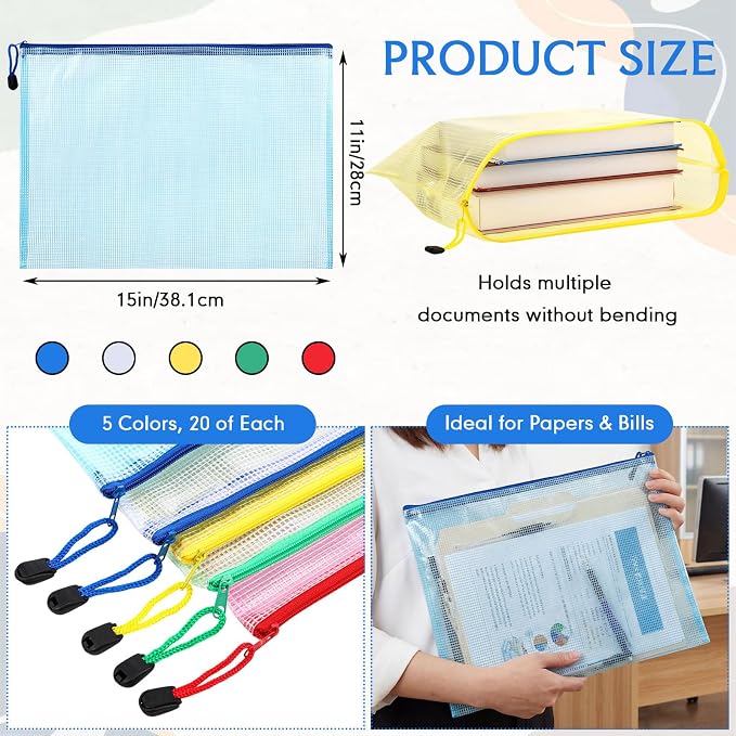 Zhehao 100 Pcs B4 Mesh Zipper Pouch Bag Bulk Mesh Pouch with Zipper Waterproof Clear Storage Bag for School Office Supplies Cosmetics Travel (Colorful, B4, 15 x 11 Inch)