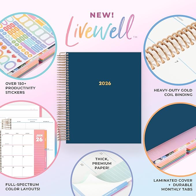 Blue Sky Livewell 2026 Daily and Monthly Planner Calendar, January 2026 - December 2026, 7" x 9", Flexible Laminated Cover, Heavy Duty Coil Binding, Colorful Premium Paper, Includes Storage Pocket, Stickers, Navy