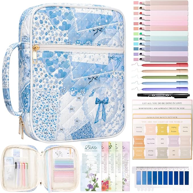 XKDOUS Bible Cover for Women Church Book Holder Quilted Carrying Case with Handle, Tabs, Study Supplies Portable Bible Bag Journaling Kit Christian Gifts for Mom Lady