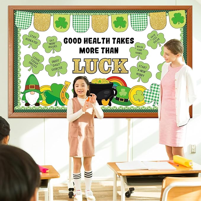 St. Patrick's Day Healthy Bulletin Board Set Lucky Shamrock Classroom Decoration Clover Leprechaun Hat Gold Coin Jar St.Patrick's Paper Cutouts for Teachers School Chalkboard Wall Decor