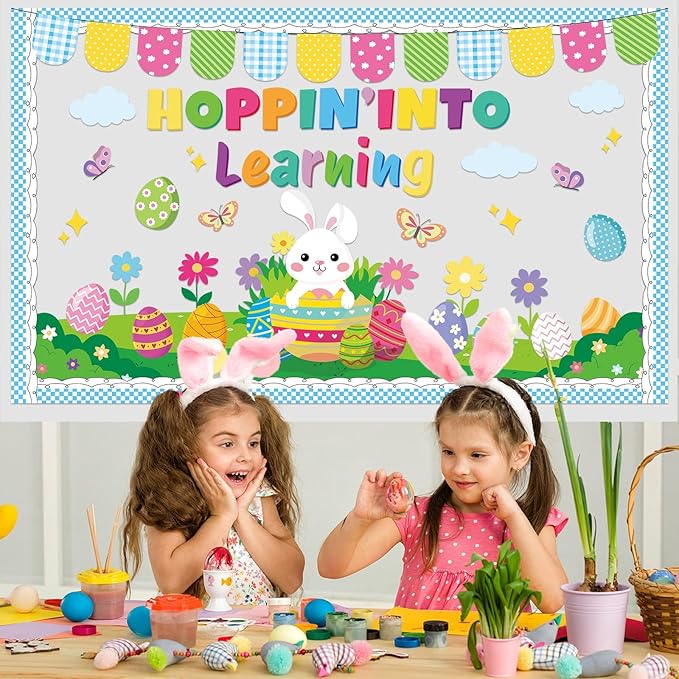 Spring Easter Bulletin Board Set Easter Classroom Decorations Hopping into Spring Bulletin Board Spring Bunny Eggs Paper Cutouts for Holiday Teacher School Office Chalkboard wall Decor