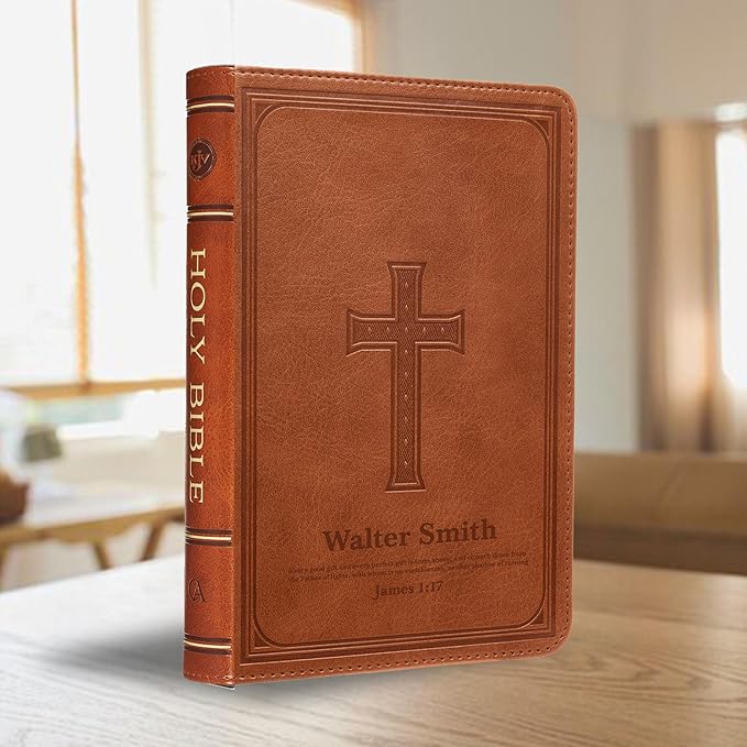 Personalized KJV Deluxe Holy Bible Honey Brown Faux Leather Medium Print Size with Heat-Debossed Celtic Cross Design | Custom with Name, Date or Text | Gift for Christian & Religious Celebrations